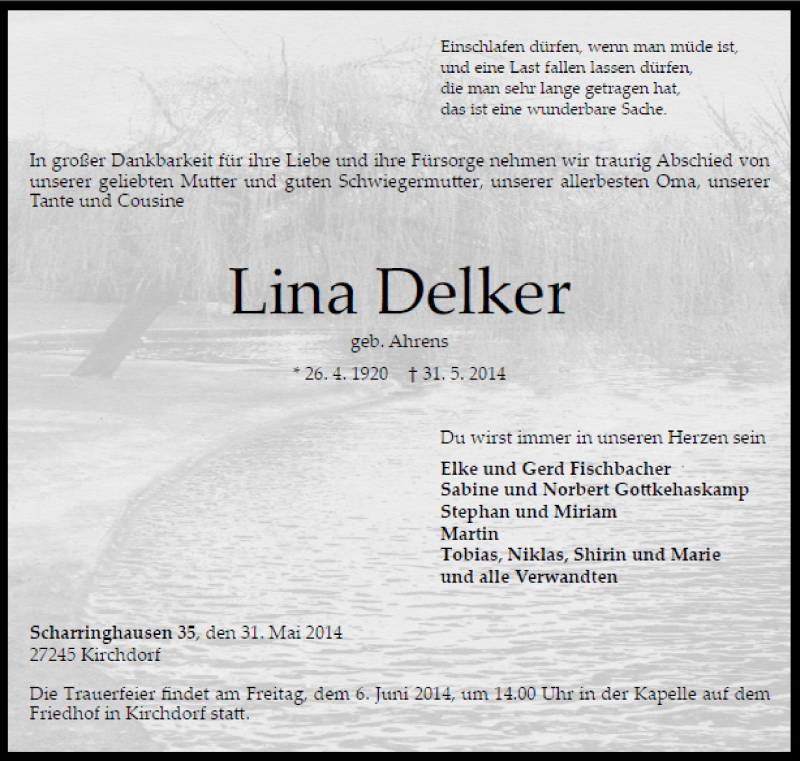  Traueranzeige für Lina Delker vom 03.06.2014 aus Kreiszeitung